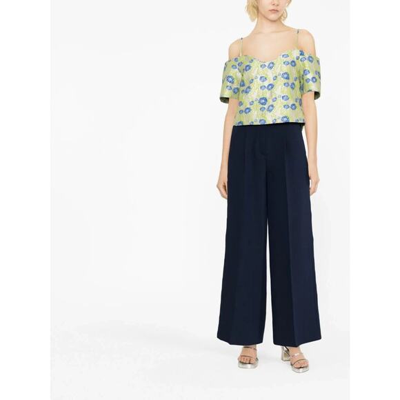 Ganni NWT Green Floral Jacquard Off-shoulder Blouse Size 4 - Picture 1 of 10